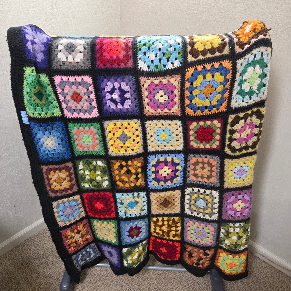 Vintage Handmade Crochet Granny Square Afghan Throw Blanket Multicolor 72x88